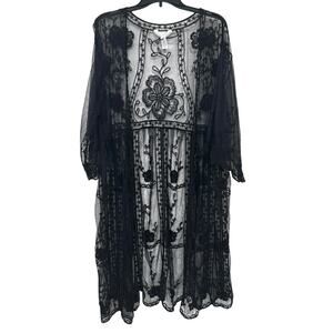 Whimsigoth Black Sheer Mesh Floral Embroidered Fairy Grunge Kimono Layering Top